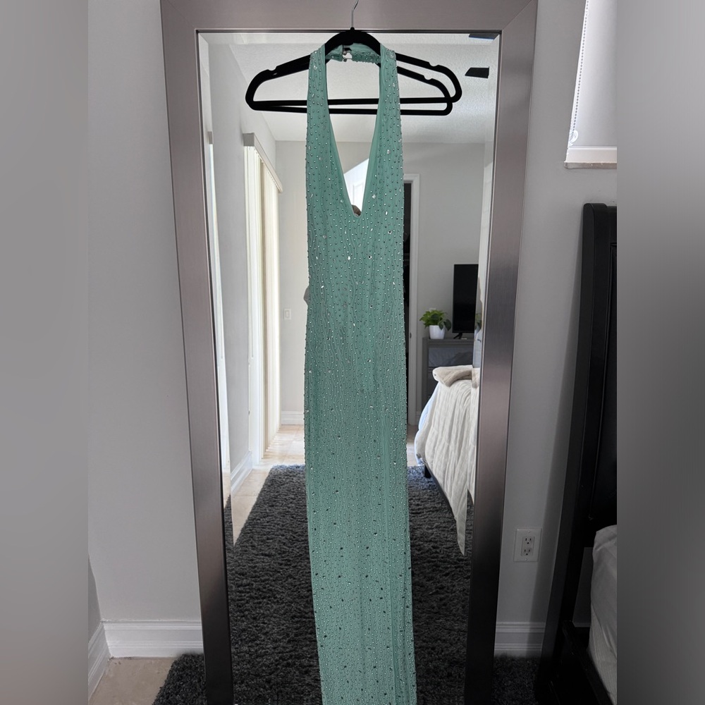 Fashion Nova Halter Rhinestone Teal Dress with Sheer Bottom